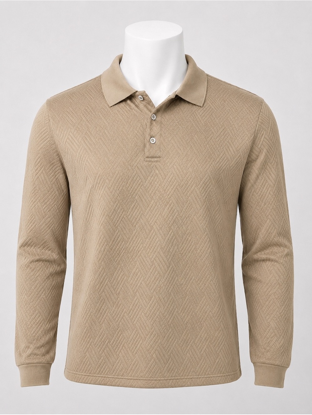 Men’s Tan Beige Textured Long Sleeve Polo Size M NWOT